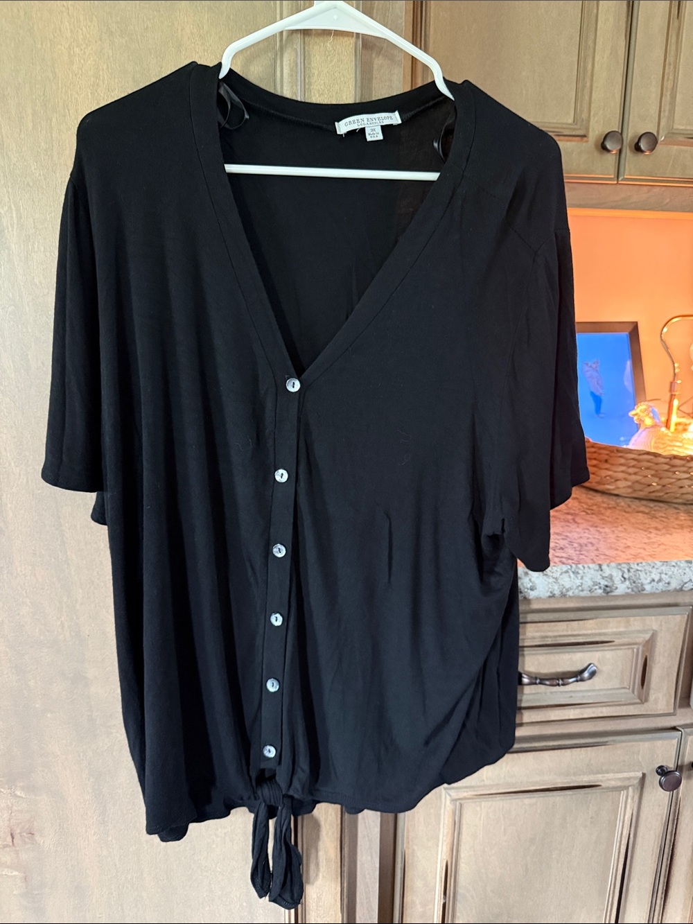 T.J.Maxx Black Button-Front Tie-Hem Short Sleeve Blouse